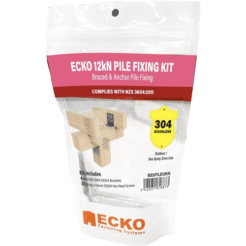 ECKO 12kN PILE FIXING KIT ( Includes 4x12kN SS304 Brackets, 32x 1Gx45SS304 Hex Screw )