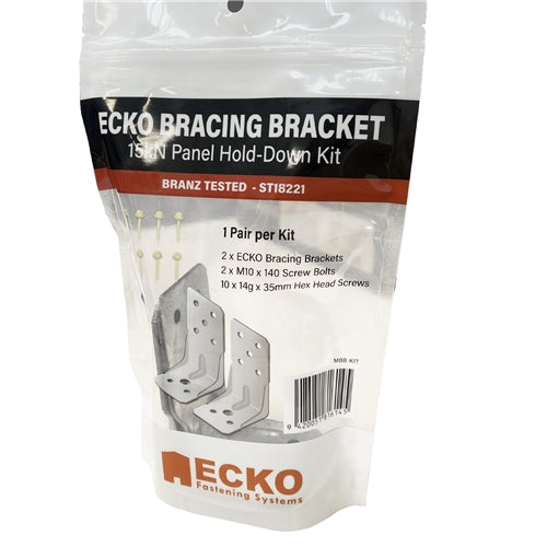 15kN Panel Hold-Down Kit  2xECKO Brackets, 2xM10 x 140mm Screw Bolts, 10/14g x 35mm Hex Head Screws